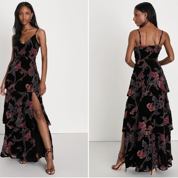 LULUS Sexy Chic Elegant Floral Prom Wedding Tiered Ruffles Chic Maxi Dress - Picture 4 of 5